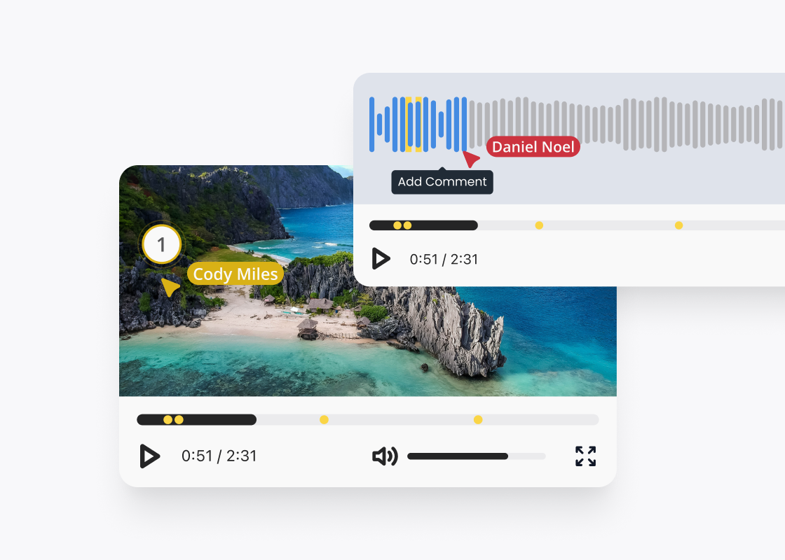 Video and audio preview showing timestamp-based commenting for precise feedback